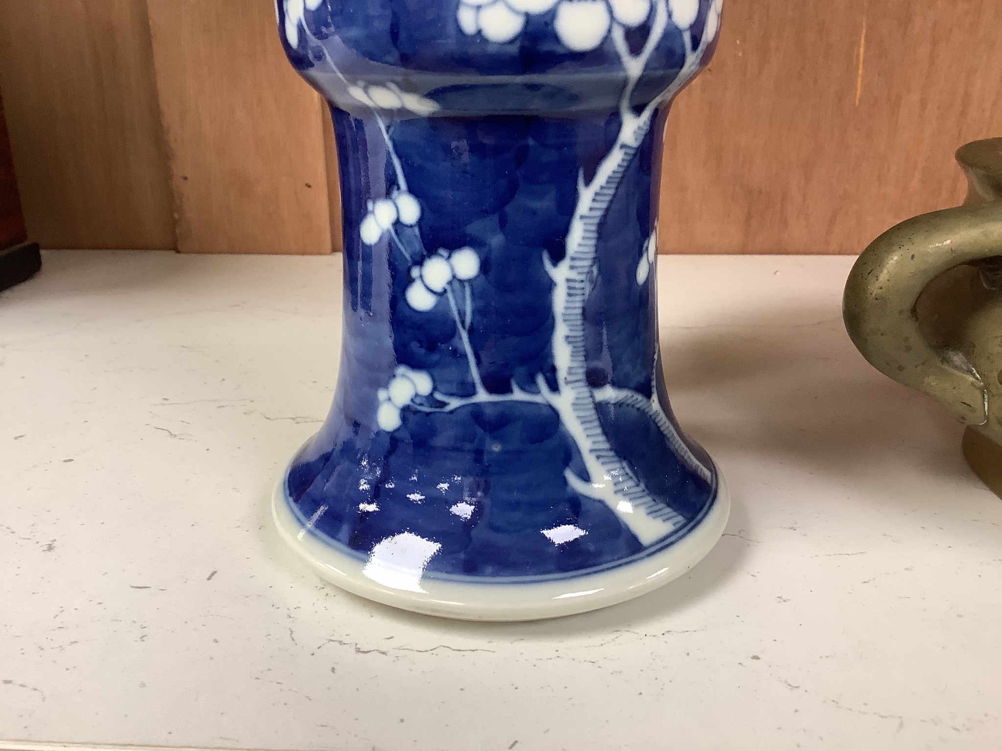 A Chinese blue and white prunus decorated gu vase, 26.5cm